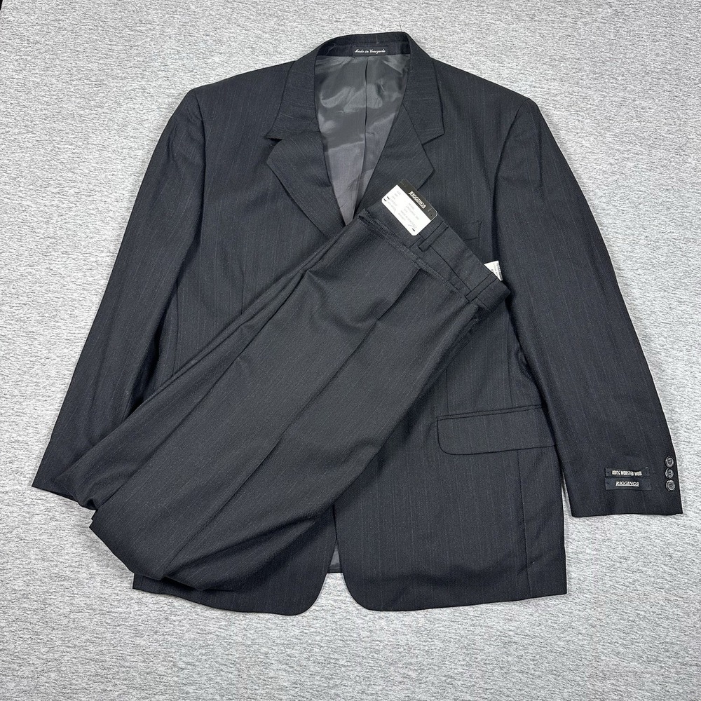 J. Riggings Suit Mens 46R Jacket 39W Pants Gray Blue Stripe Worsted Wool NEW
